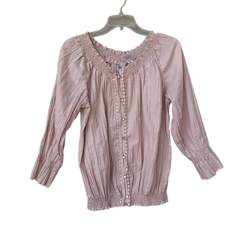 harve benard Women Crinkle Pleated Ruffle Lace Romantic Blouse Top Beige Size XL